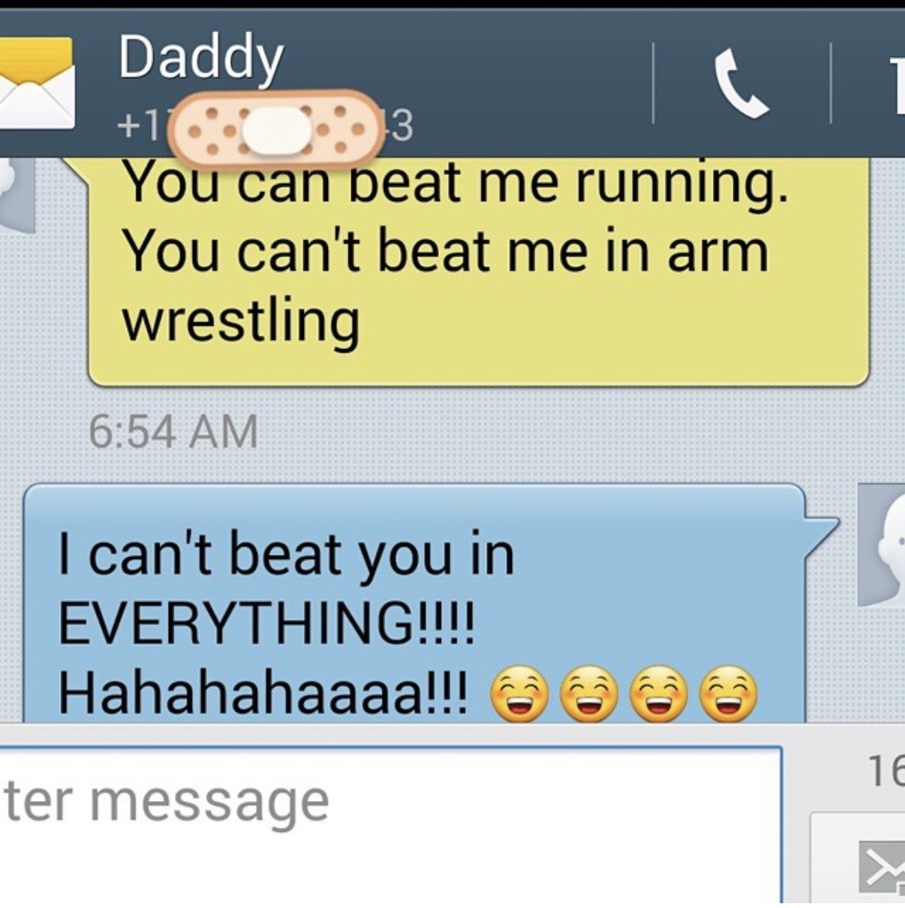 A playful text exchange between Raymond and Teefa about running and arm wrestling